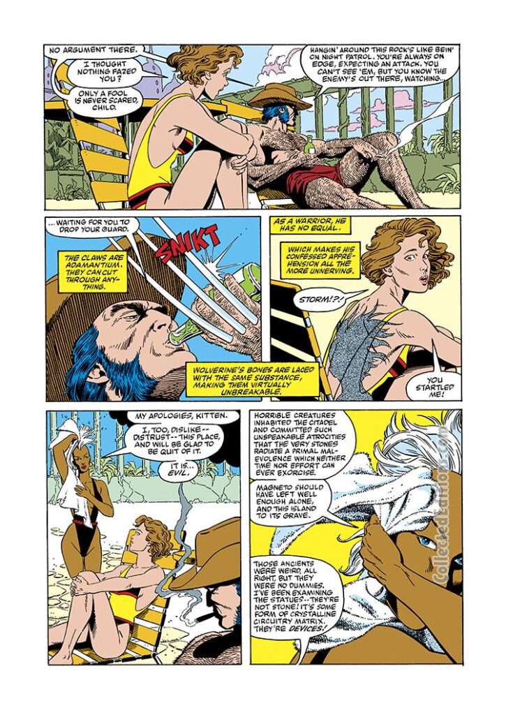 Marvel Fanfare #33, pg. 5; pencils, June Brigman; inks, Terry Austin; Kitty Pryde, Storm, Wolverine, Snikt, beer