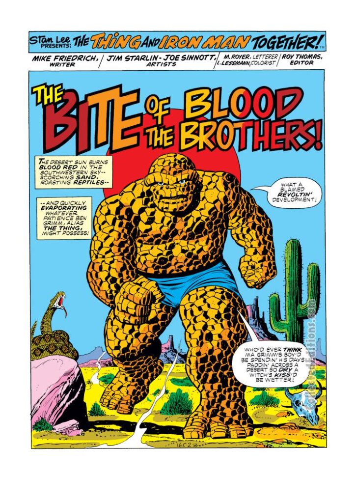 Marvel Feature #11, pg. 1; pencils, Jim Starlin; inks, Joe Sinnott; Thing/The Bite of the Blood Brothers/Marvel Two-In-One