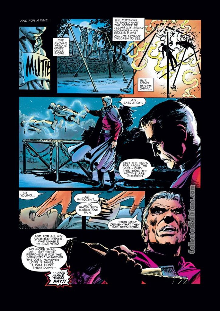Marvel Graphic Novel #5: X-Men – God Loves, Man Kills, pg. 5; pencils and inks, Brent Anderson; Magneto, mutant persecution