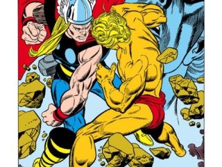 Marvel Premiere #1, pg. 10; pencils, Gil Kane; inks, Dan Adkins; Thor vs. Adam Warlock splash page, Roy Thomas