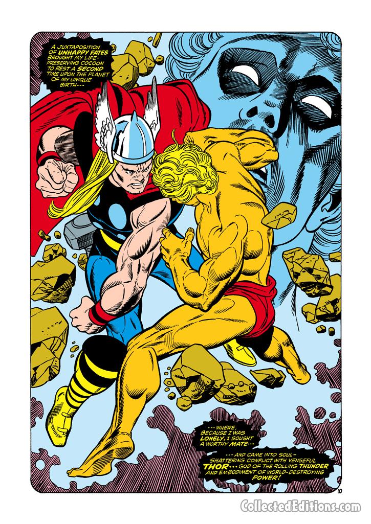 Marvel Premiere #1, pg. 10; pencils, Gil Kane; inks, Dan Adkins; Thor vs. Adam Warlock splash page, Roy Thomas