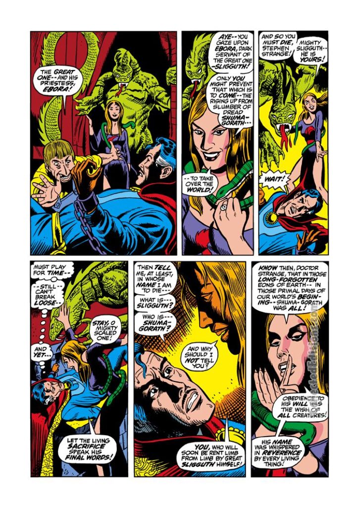 Marvel Premiere #5, pg. 2; pencils, Sam Kweskin; inks, Don Perlin; Doctor Strange, Priestess Ebora, the Great One