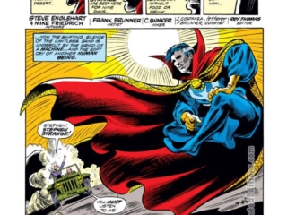 Marvel Premiere #12, pg. 1; pencils, Frank Brunner; inks, The Crusty Bunkers; Doctor Strange, Portal to the Past splash pagse