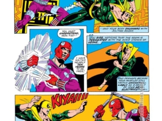 Marvel Premiere #18, pg. 2; pencils, Larry Hama; inks, Dick Giordano; Iron Fist, Danny Rand, Dragon Stamp Kick, Kung Fu