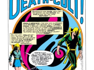 Marvel Premiere #19, pg. 1; pencils, Larry Hama; inks, Dick Giordano; Iron Fist, Death-Cult, splash page, Doug Moench, Harold Meachum, Danny Rand