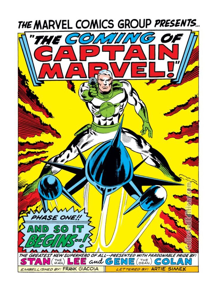 Marvel Super-Heroes #12, pg. 1; pencils, Gene Colan; inks, Frank Giacoia; Kree warrior, "The Coming of Captain Marvel", Mar-Vell, green costume, first appearance, origin, Walter Lawson, Stan Lee