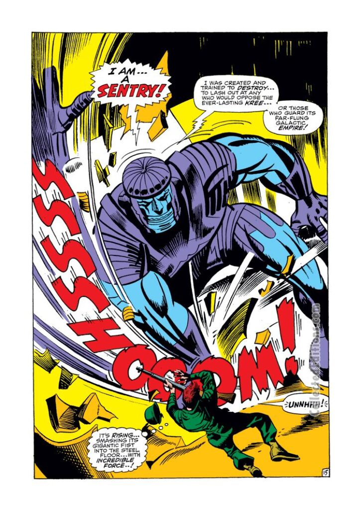 Marvel Super-Heroes #13, pg. 15; pencils, Gene Colan; inks, Paul Reinman; Captain Marvel; Mar-Vell, Kree Sentry