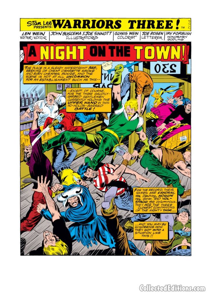 Marvel Spotlight #30, pg. 1; pencils, John Buscema; The Warriors Three, Volstagg, Hogun, Fandral