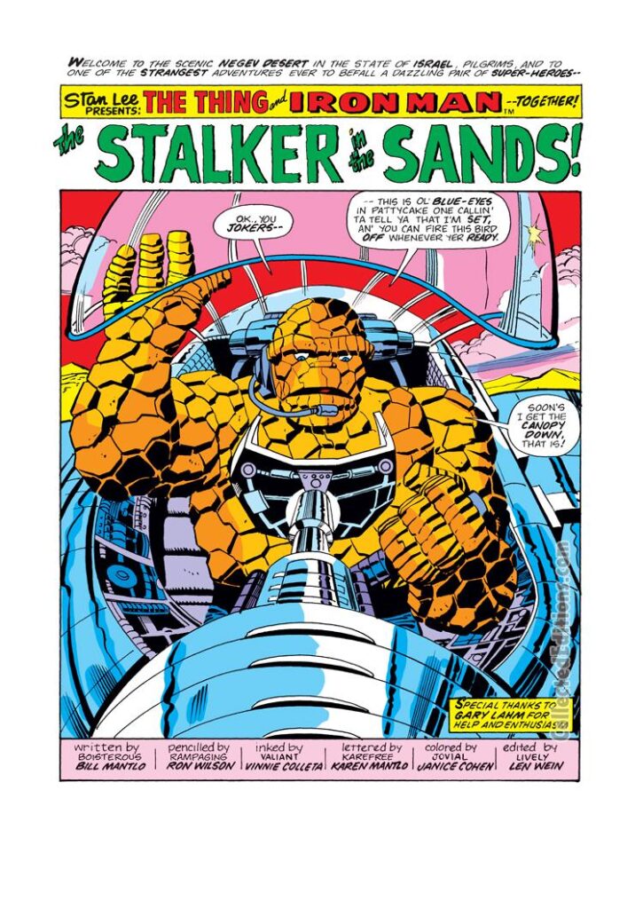 Marvel Two-In-One #12, pg. 1; pencils, Ron Wilson; Thing/Stalker in the Sands splash page/Bill Mantlo