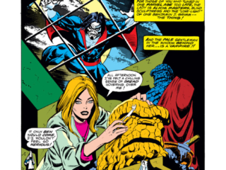 Marvel Two-In-One #15, pg. 1; pencils, Ron Wilson; inks, Dick Giordano Marvel Two-In-One #15, pg. 1; pencils, Ron Wilson; inks, Dick Giordano; The Return of the Living Eraser/Morbius the Living Vampire/Alicia Masters/Thing sculpture