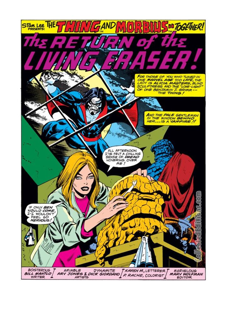 Marvel Two-In-One #15, pg. 1; pencils, Ron Wilson; inks, Dick Giordano; The Return of the Living Eraser/Morbius the Living Vampire/Alicia Masters/Thing sculpture