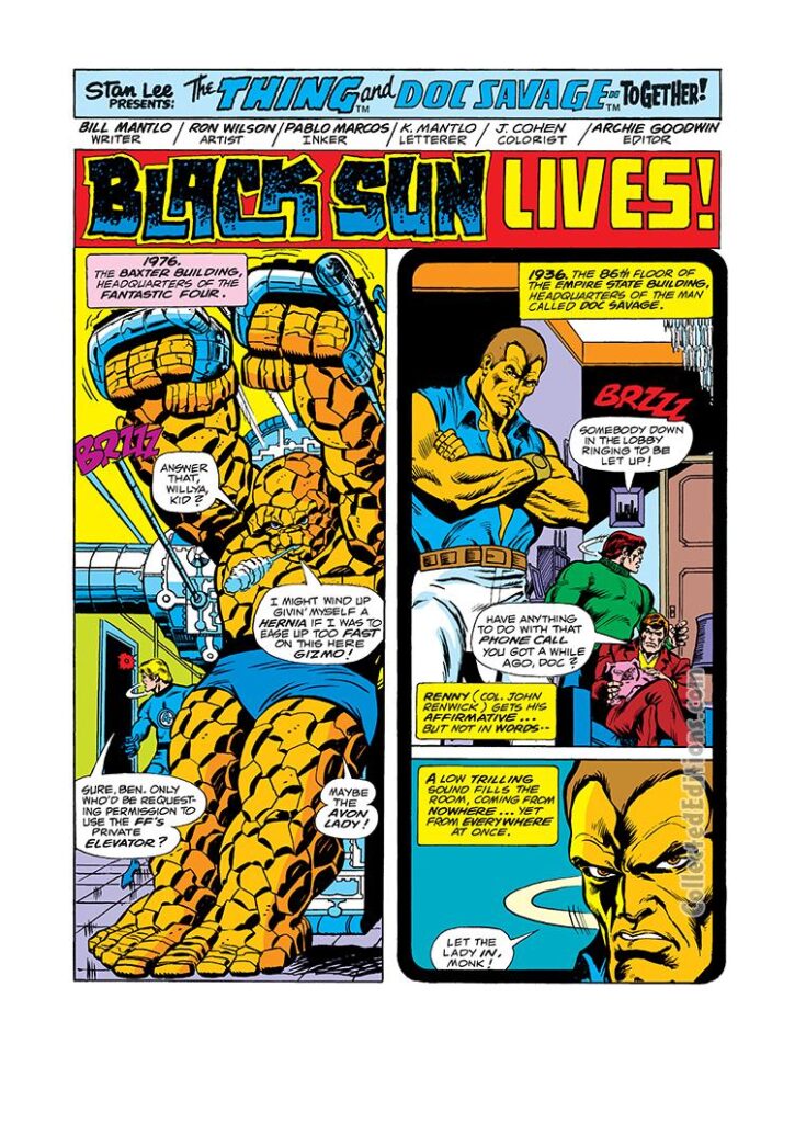 Marvel Two-In-One #21, pg. 1; pencils, Ron Wilson; Thing/Doc Savage/Black Sun Lives