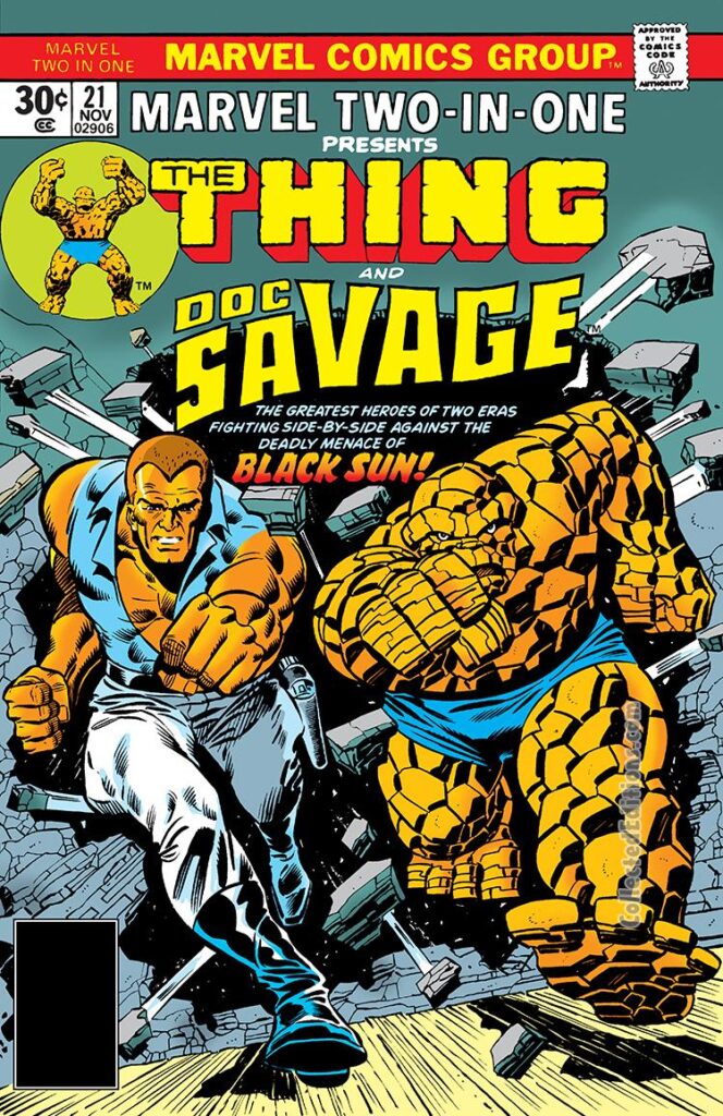 Marvel Two-In-One #21 cover; pencils, Ron Wilson; Thing/Doc Savage/Black Sun