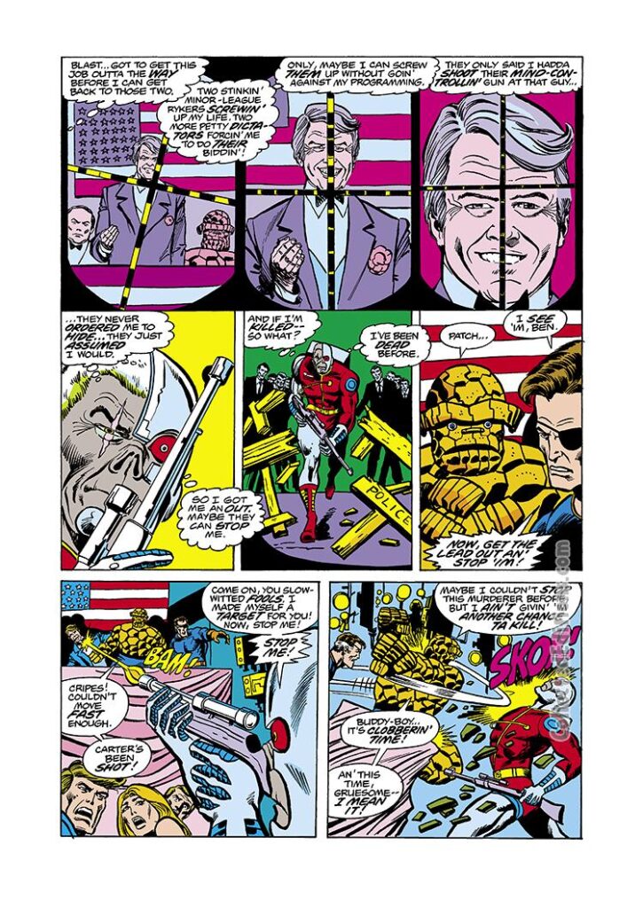 Marvel Two-In-One #27, pg. 13; pencils, Ron Wilson; Deathlok/Thing/Nick Fury/President Jimmy Carter assassination attempt
