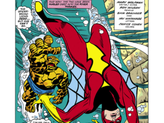 Marvel Two-In-One #31, pg. 1; pencils, Ron Wilson; Thing/Spider-Woman splash page "My Sweetheart My Killer"