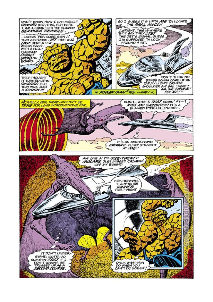 Marvel Two-In-One #35, pg. 2; pencils and inks, Ernie Chan; Thing/dinosaur/pterodactyl