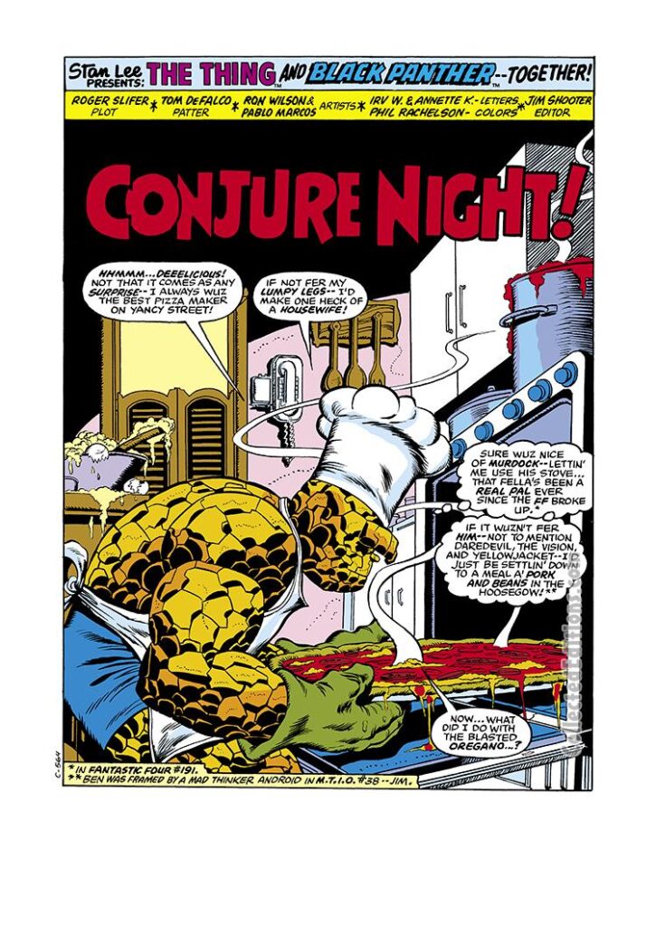 Marvel Two-In-One #40, pg. 1; pencils, Ron Wilson; Conjure Night/The Thing with chef hat
