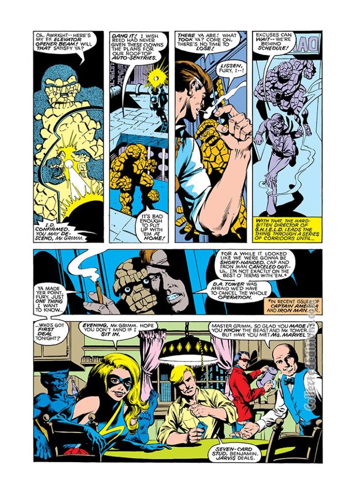 Marvel Two-In-One #51, pg. 2; pencils, Frank Miller; Thing/Nick Fury/poker game/Ms. Marvel/Carol Danvers