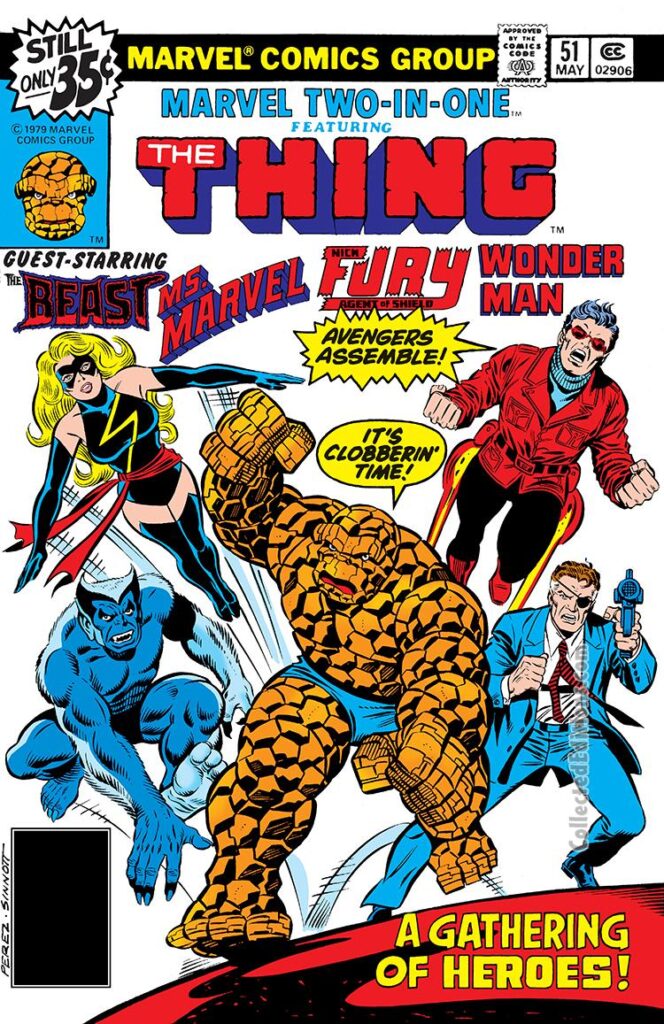 Marvel Two-In-One #51, cover; pencils, George Pérez; inks, Joe Sinnott; Thing/Ms. Marvel/Beast/Nick Fury/Wonder Man