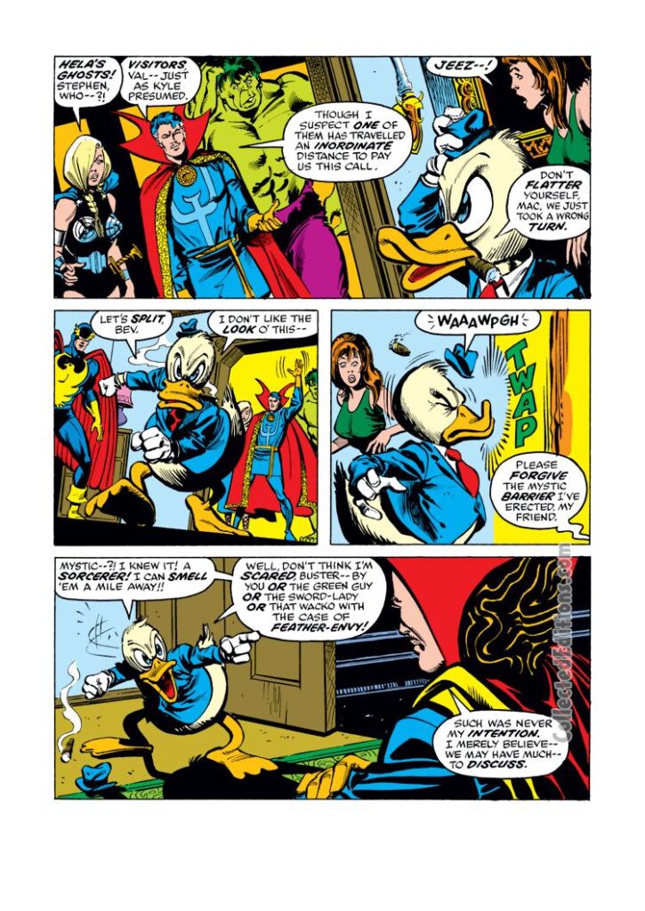 Marvel Treasury Edition #12, pg. 11; pencils, Sal Buscema; inks, Klaus Janson; Defenders, Howard the Duck, Doctor Strange, Valkyrie, Nighthawk