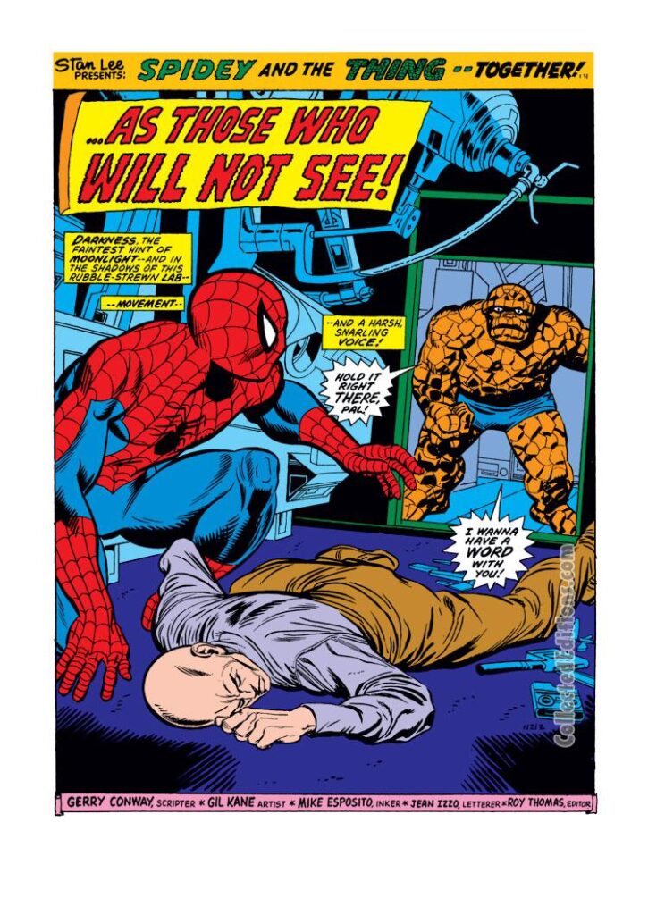 Marvel Team-Up #6, pg. 1; pencils, Gil Kane; inks, Mike Esposito; Spider-Man/The Thing/Puppet Master