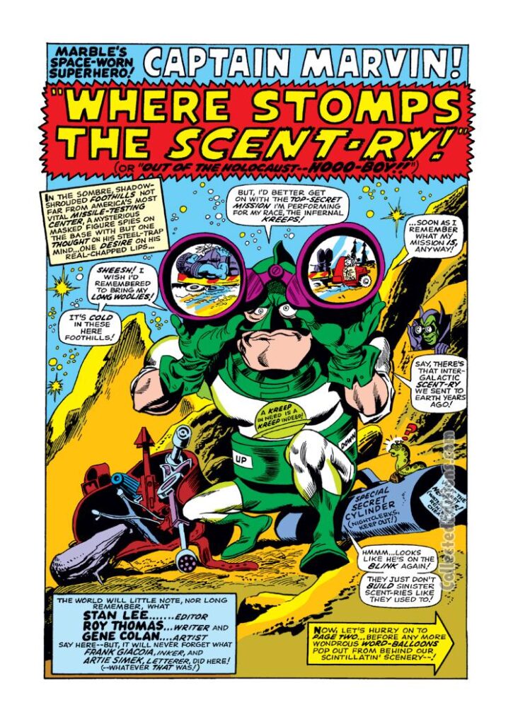 Not Brand Ecch #9, pg. 43; pencils, Gene Colan; inks, Frank Giacoia; Captain Marvin, "Where Stomps the Scent-ry", Roy Thomas, Captain Marvel, Mar-Vell spoof, satire