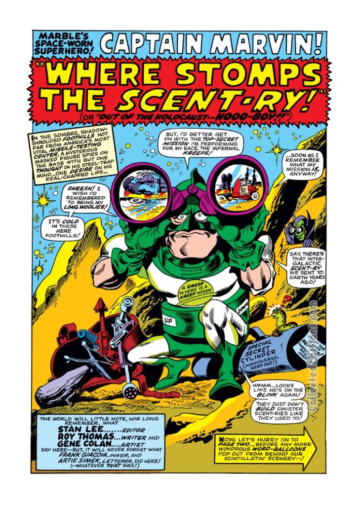 Not Brand Ecch #9, pg. 43; pencils, Gene Colan; inks, Frank Giacoia; Captain Marvin, &quot;Where Stomps the Scent-ry&quot;, Roy Thomas, Captain Marvel, Mar-Vell spoof, satire