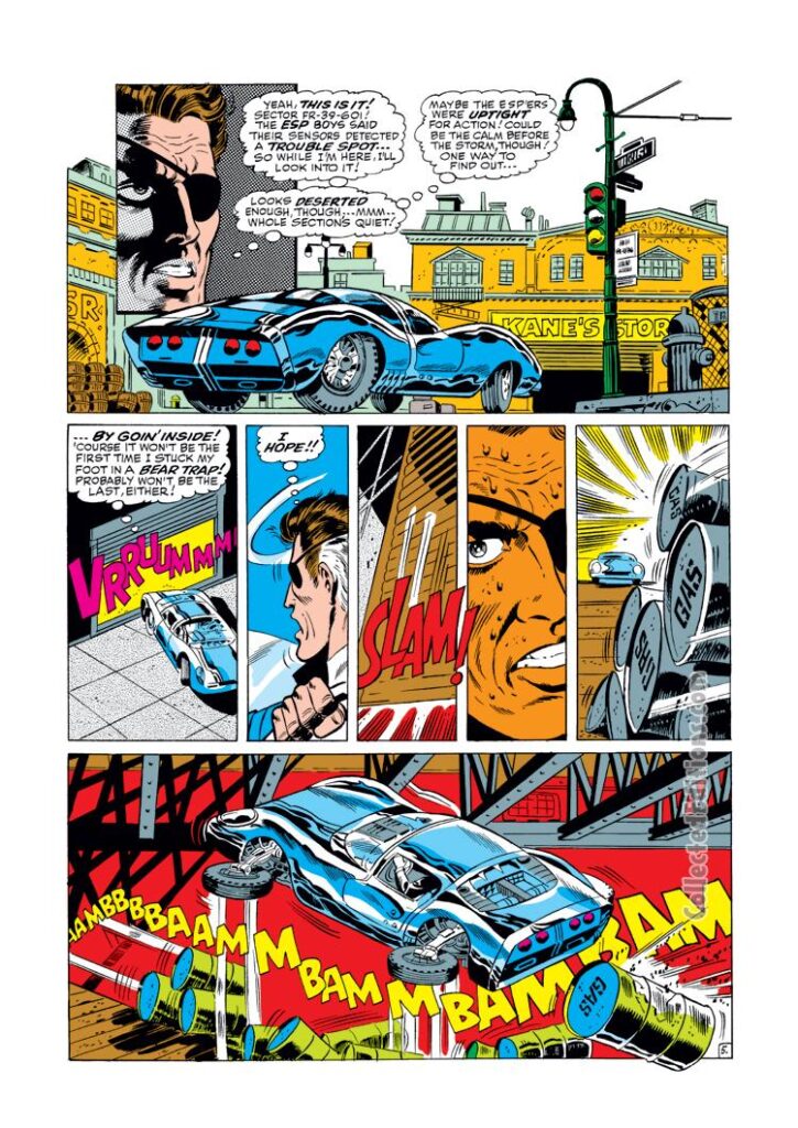 Nick Fury, Agent of S.H.I.E.L.D. #5, pg. 5; pencils, Jim Steranko; inks, John Targaglione; super spy, car