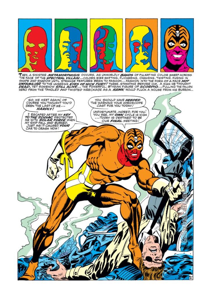 Nick Fury, Agent of S.H.I.E.L.D. #5, pg. 8; pencils, Jim Steranko; inks, John Targaglione; Scorpio