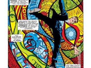 Nick Fury, Agent of S.H.I.E.L.D. #7, pg. 4; pencils and inks, Frank Springer Nick Fury, Agent of S.H.I.E.L.D. #7, pg. 4; pencils and inks, Frank Springer; psychedelic splash page