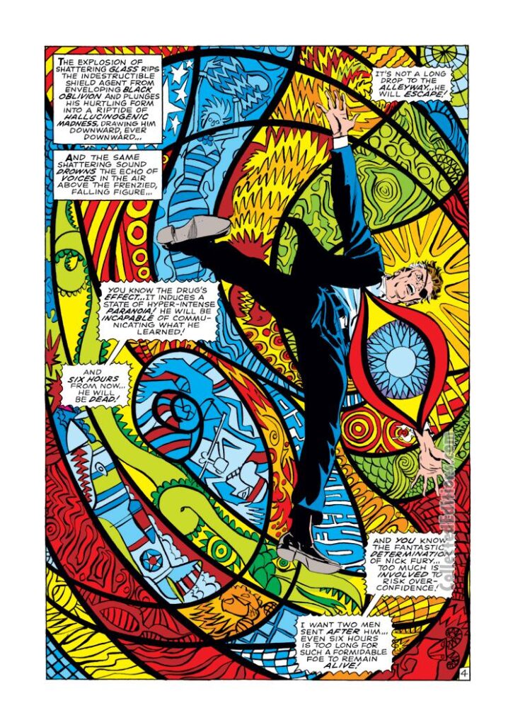 Nick Fury, Agent of S.H.I.E.L.D. #7, pg. 4; pencils and inks, Frank Springer; psychedelic splash page