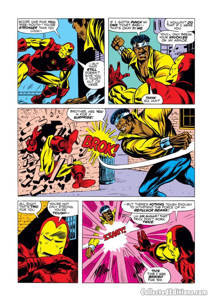 Power Man #17, pg. 12; pencils, George Tuska; inks, Billy Graham; Luke Cage/Iron Man