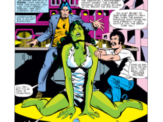 Savage She-Hulk #12, pg. 1; pencils, Mike Vosburg; inks, Frank Springer; Splash page, David Anthony Kraft