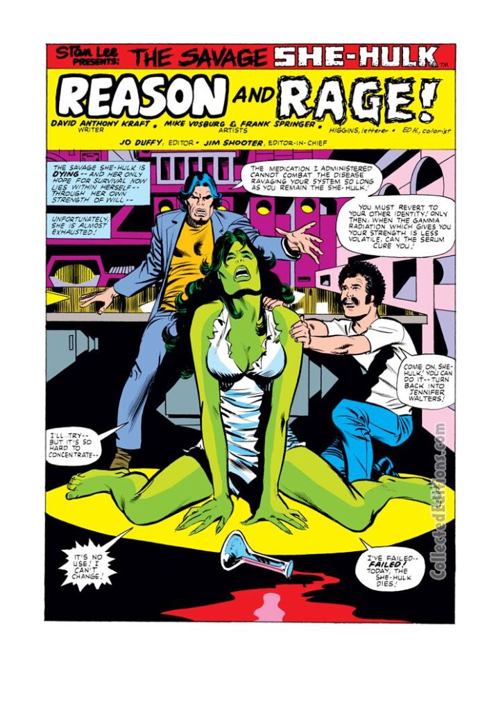 Savage She-Hulk #12, pg. 1; pencils, Mike Vosburg; inks, Frank Springer; Splash page, David Anthony Kraft