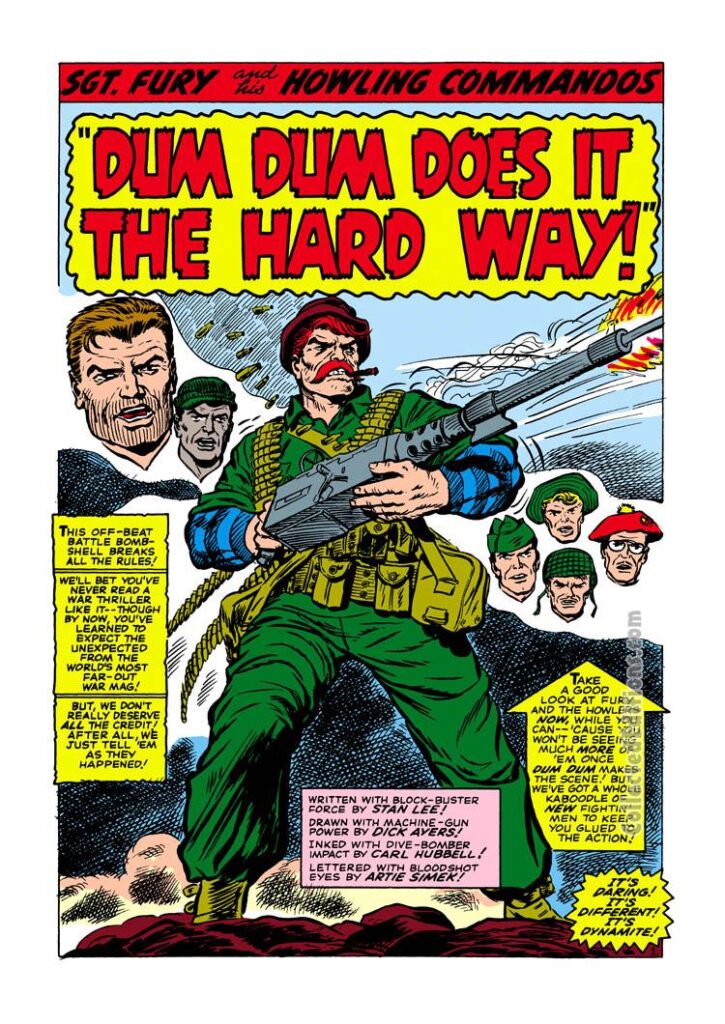 Sgt. Fury and His Howling Commandos #26, pg. 1; pencils, Dick Ayers; inks, Carl Hubbell; Nick Fury, Dum Dum Dugan Does It The Hard Way, Stan Lee, splash page