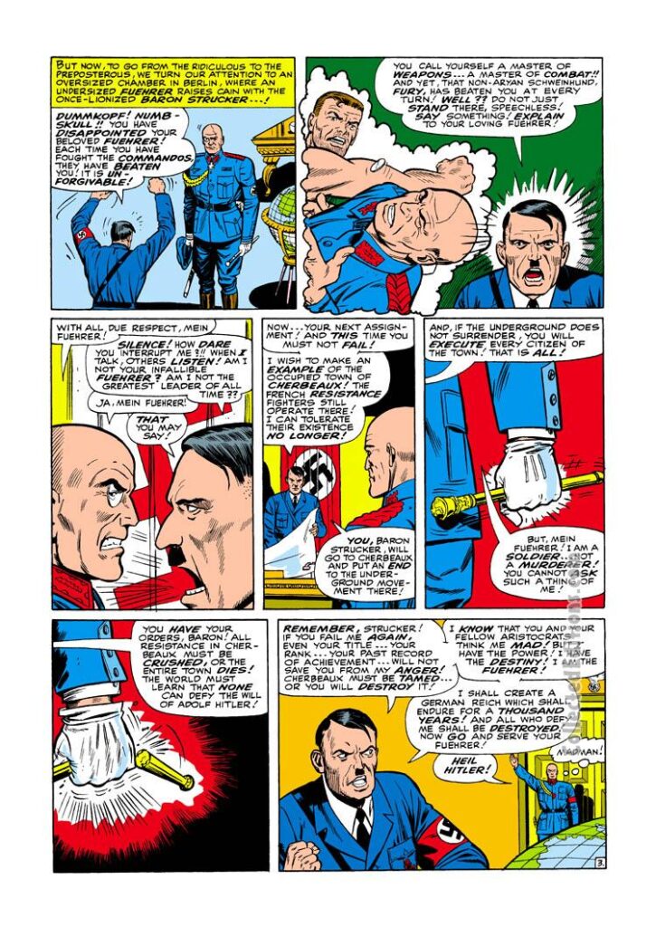 Sgt. Fury and His Howling Commandos #28, pg. 3; pencils, Dick Ayers; inks, John Tartaglione; Nick Fury, Adolf Hitler, Baron Strucker, Nazis, swastika