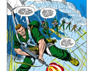 Sgt. Fury and His Howling Commandos #30, pg. 1; pencils, Dick Ayers; inks, John Tartaglione; Nick Fury, Incident in Italy, splash page, Roy Thomas, Stan Lee, parachute