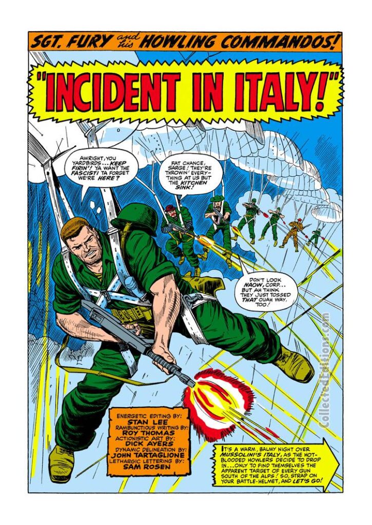 Sgt. Fury and His Howling Commandos #30, pg. 1; pencils, Dick Ayers; inks, John Tartaglione; Nick Fury, Incident in Italy, splash page, Roy Thomas, Stan Lee, parachute