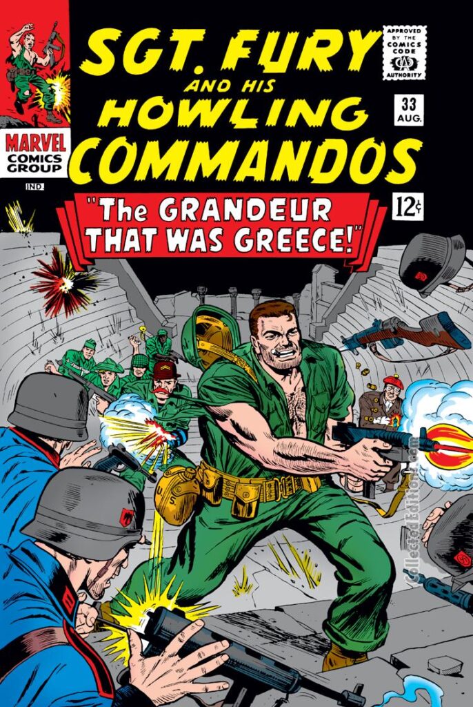 Sgt. Fury and His Howling Commandos #33 cover; pencils and inks, Dick Ayers; The Grandeur That Was Greece, Nick Fury, Germans, Nazis, Allied Forces, Marvel Age of Comics War Comics