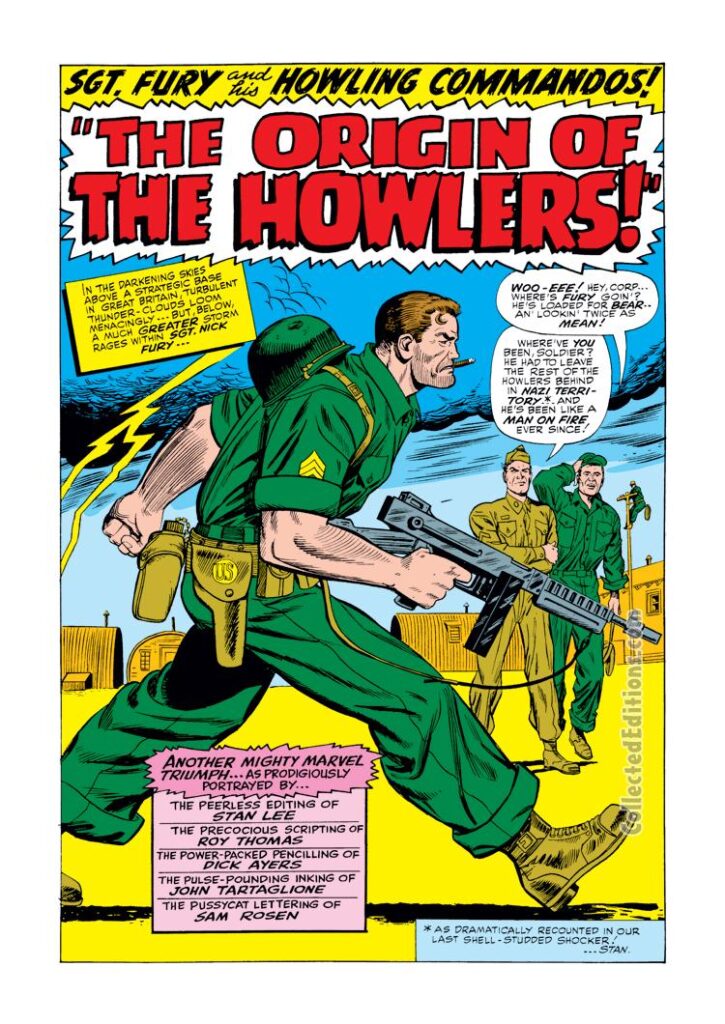 Sgt. Fury and His Howling Commandos #34, pg. 1; pencils, Dick Ayers; inks, John Tartaglione; The Origin of the Howlers, Roy Thomas, Stan Lee, splash page, Nick Fury