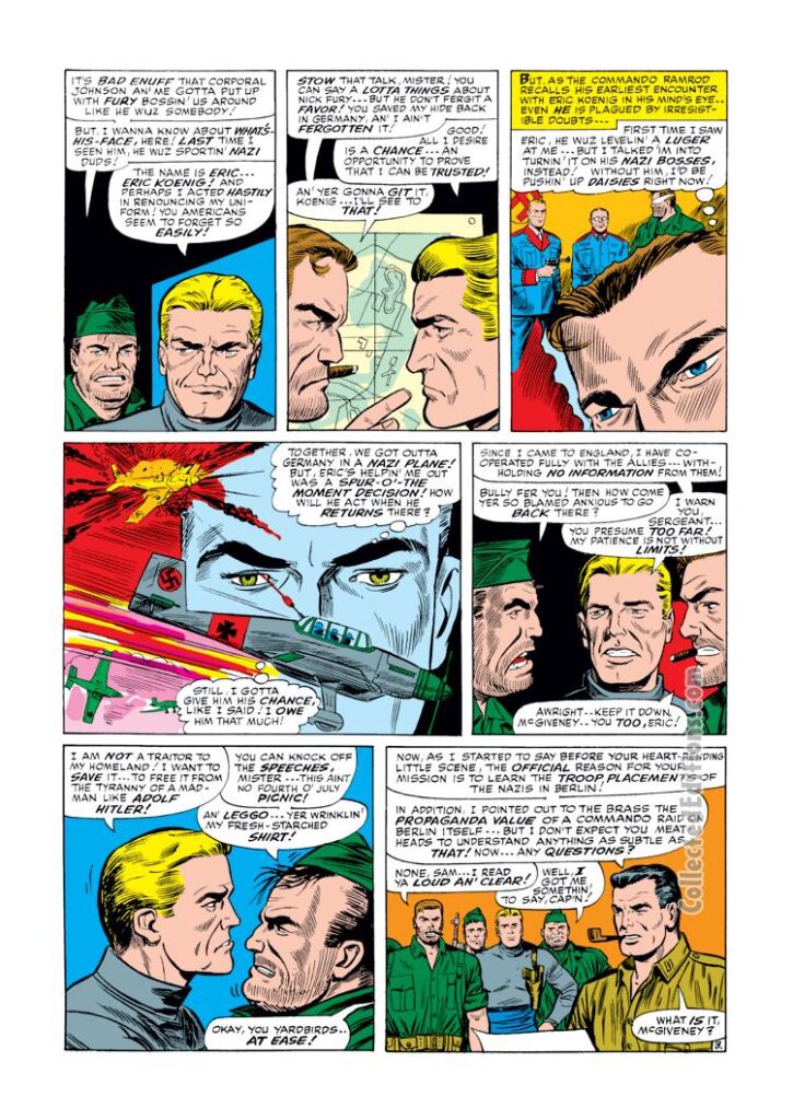 Sgt. Fury and His Howling Commandos #35, pg. 3; pencils, Dick Ayers; inks, John Tartaglione, Nick Fury, Eric Koenig