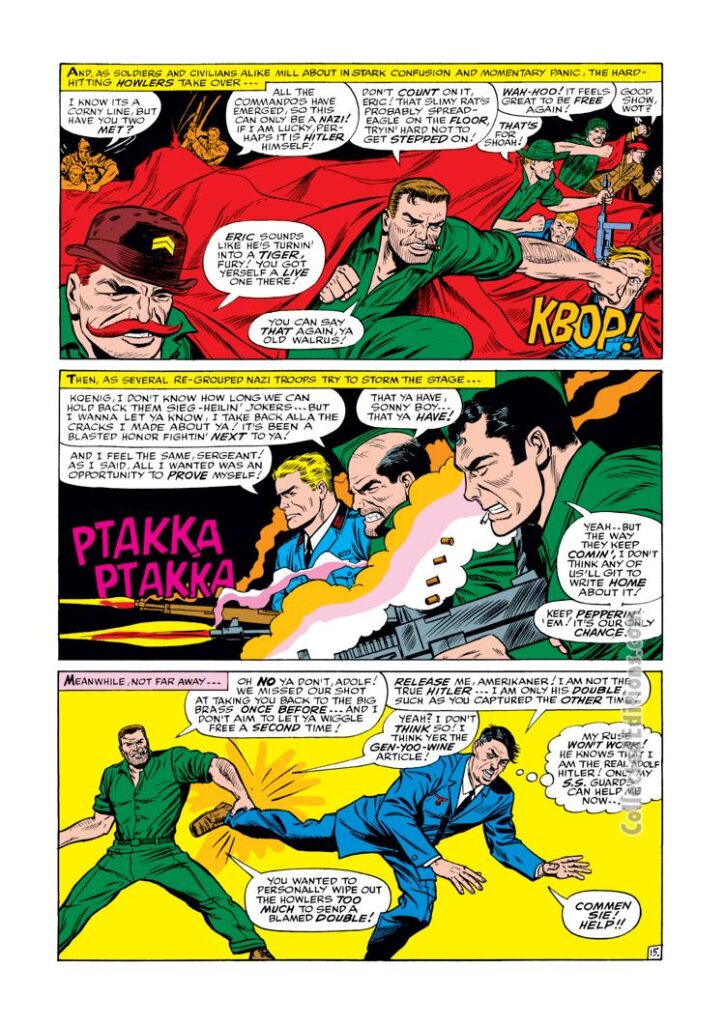Sgt. Fury and His Howling Commandos #35, pg. 15; pencils, Dick Ayers; inks, John Tartaglione; Nick Fury, Dum Dum Dugan, Allied forces, Marvel Age of Comics, Roy Thomas, Adolf Hitler imposter impersonator