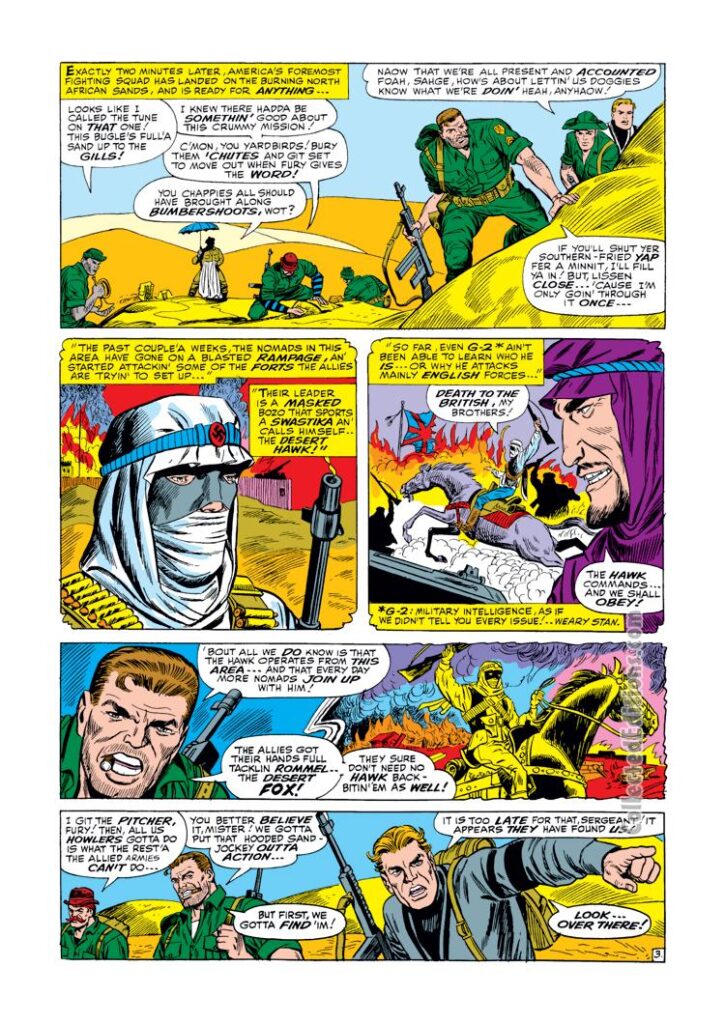 Sgt. Fury and His Howling Commandos #37, pg. 3; pencils, Dick Ayers; inks, John Tartaglione; North Africa, desert warfare, Allied powers, Axis powers, nomads, The Hawk, British army, Nick Fury