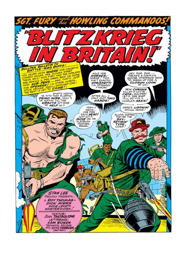 Sgt. Fury and His Howling Commandos #41, pg. 1; pencils, Dick Ayers; inks, John Tartaglione; Nick Fury, Blitzkrieg in Britain, Dum Dum Dugan, Gabriel Jones