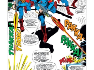 Sgt. Fury and His Howling Commandos #41, pg. 12; pencils, Dick Ayers; inks, John Tartaglione; splash page, Nick Fury