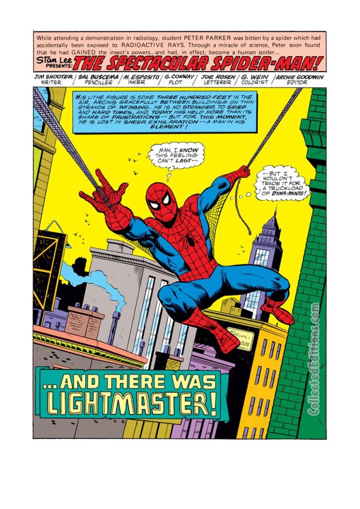 Spectacular Spider-Man #3, pg. 1; pencils, Sal Buscema; And There Was Lightmaster splash page/Peter Parker