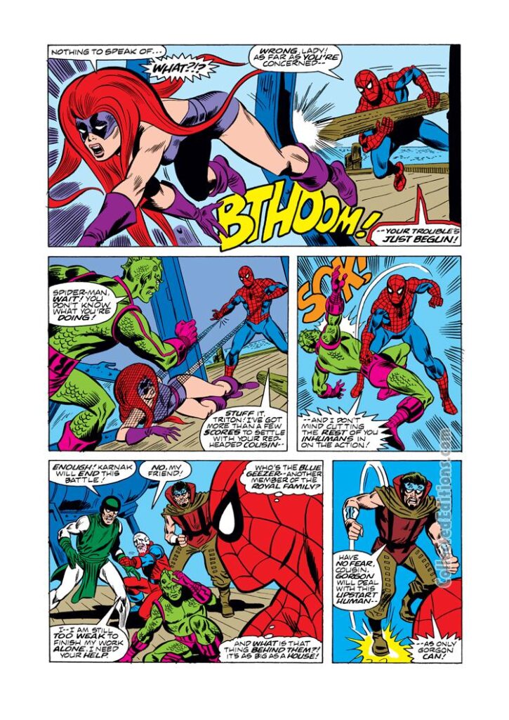 Spectacular Spider-Man #11, pg. 14; pencils, Jim Mooney; Medusa/Karnak/Gorgon/Triton/Peter Parker/Inhumans