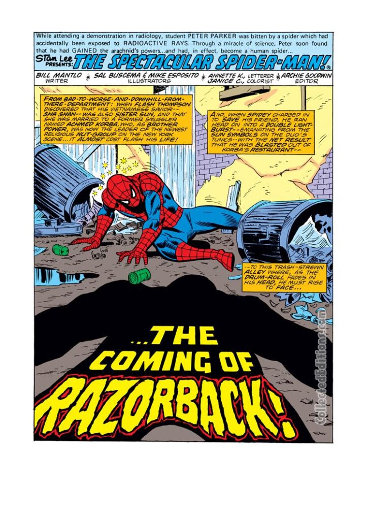 Spectacular Spider-Man #13, pg. 1; pencils, Sal Buscema; Razorback/Peter Parker