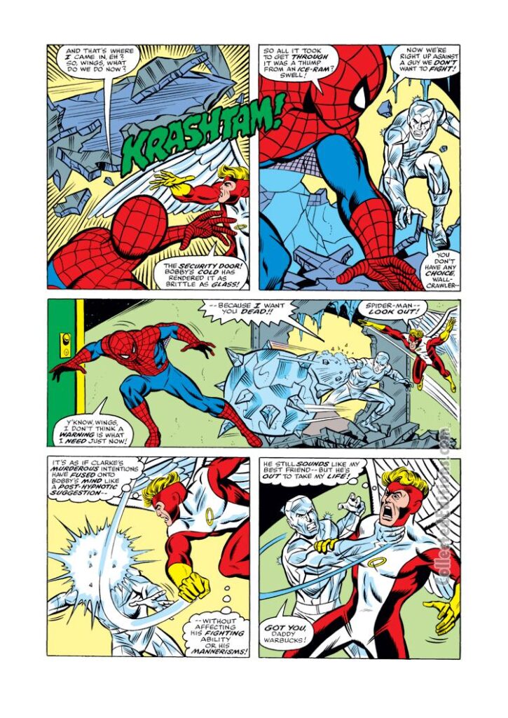 Spectacular Spider-Man #17, pg. 7; pencils, Sal Buscema; inks, David Hunt; Spider-Man/Iceman/Angel