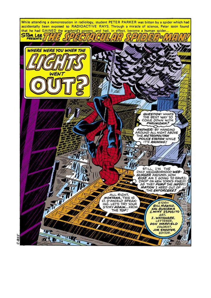 Spectacular Spider-Man #20, pg. 1; pencils, Sal Buscema; Peter Parker, Where Were You When The Lights Went Out splash page